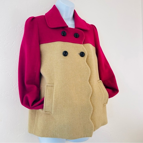 THE CUE by Cher Qu Color Block Pea Coat Size XS 100% Cashmere Wool Magenta Tan - Picture 8 of 12